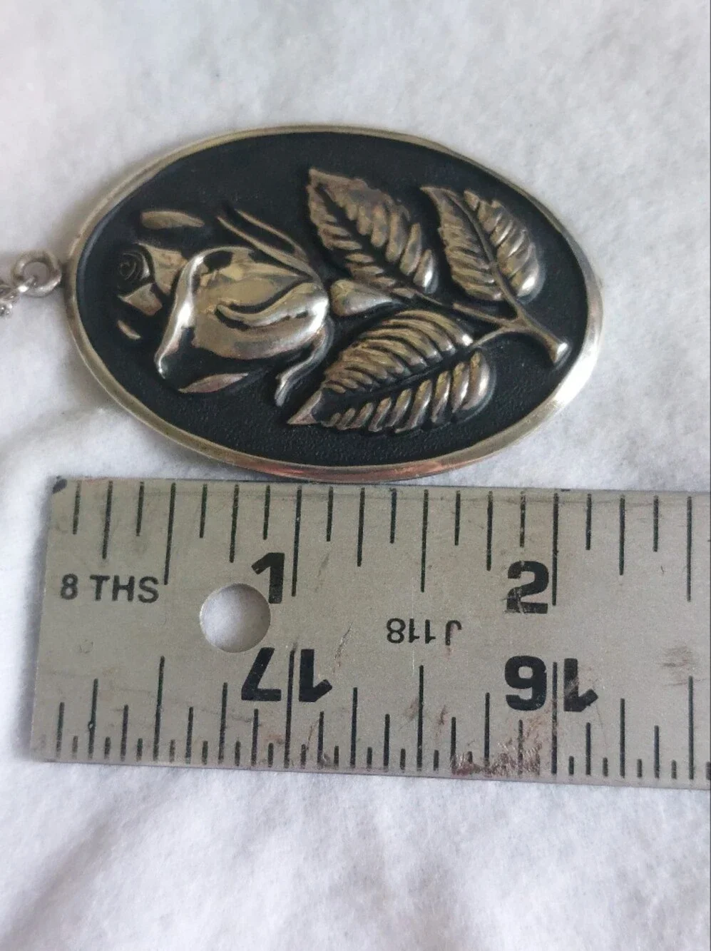 Vintage International Sterling Silver Oval Repoussé Rose Pendant Necklace